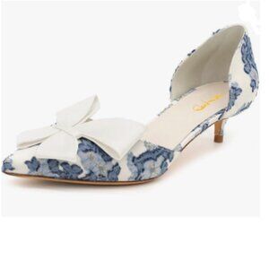 XYD Blue Flower White-bow D'Orsay Kitten Heel Bridal Bowknot Pointed Toe Pumps